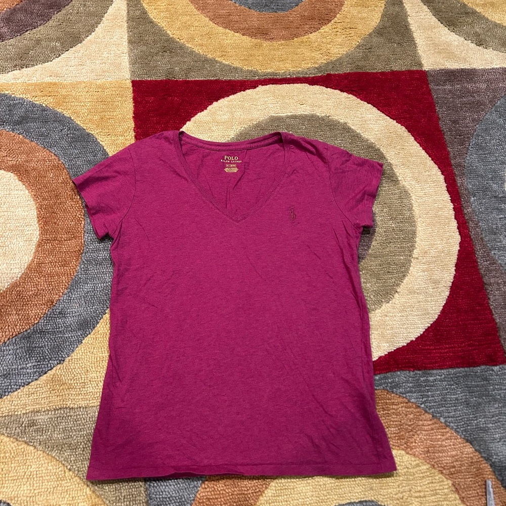 Polo Ralph Lauren Maroon Red Cotton V Neck T Shirt Top Women’s Medium Runs Small